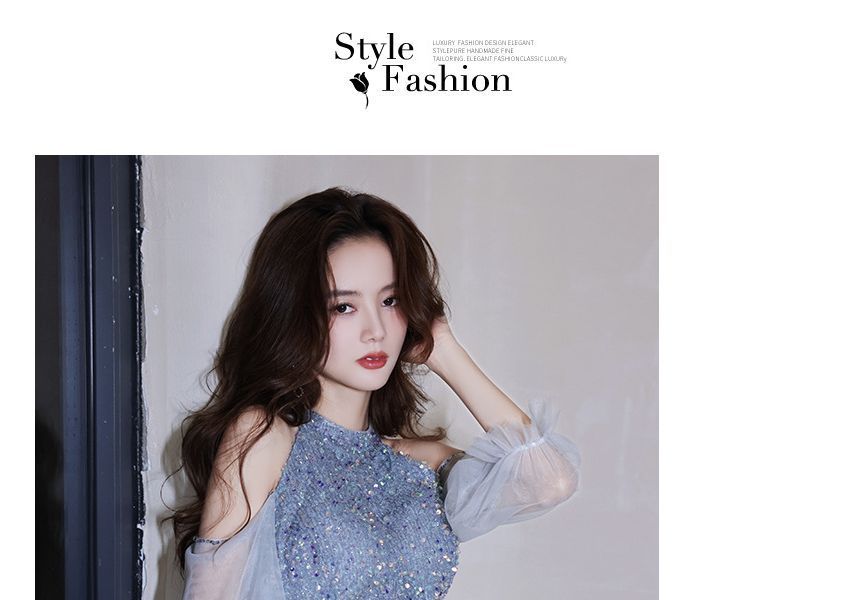 Evening Sequin Sheath Gown Cold-Shoulder