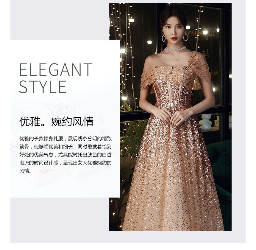 A-Line Sequin Evening Off-Shoulder Gown