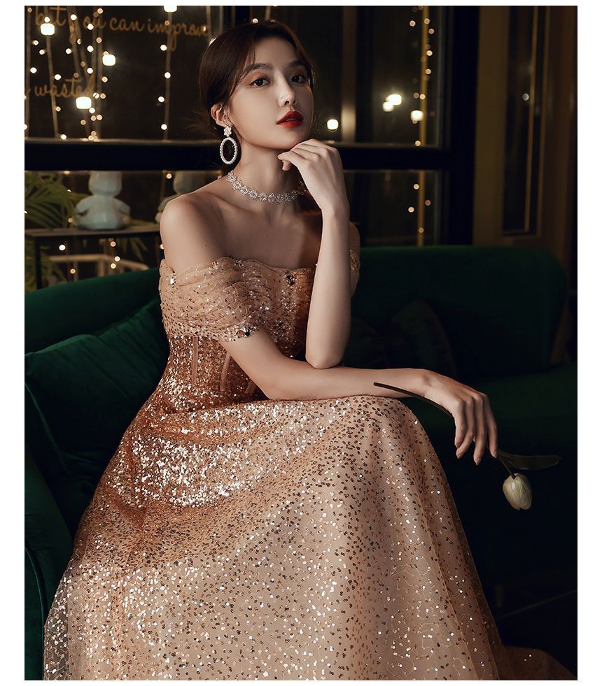A-Line Sequin Evening Off-Shoulder Gown