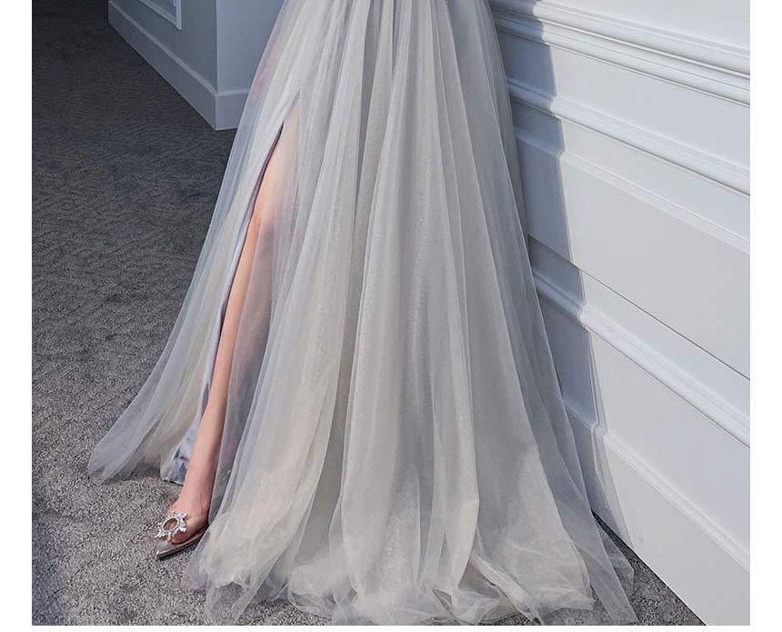 Glitter V-Neck Evening Gown A-Line