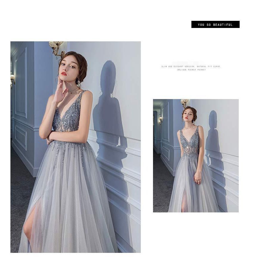 Glitter V-Neck Evening Gown A-Line