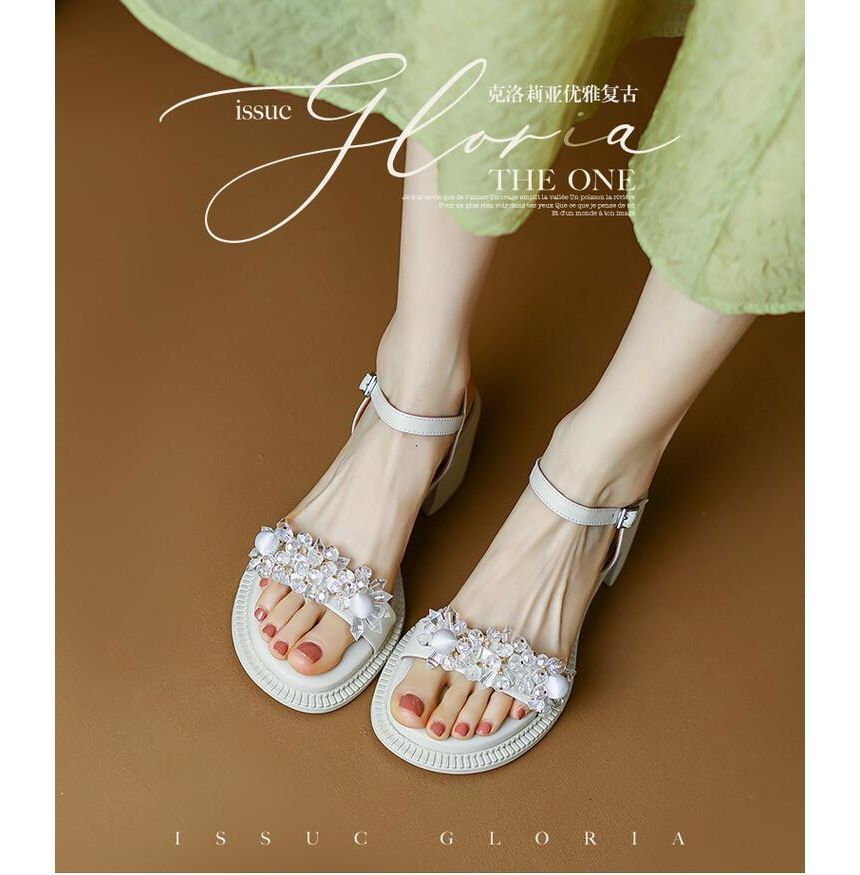 Block-Heel Genuine Leather Embellished Sandals