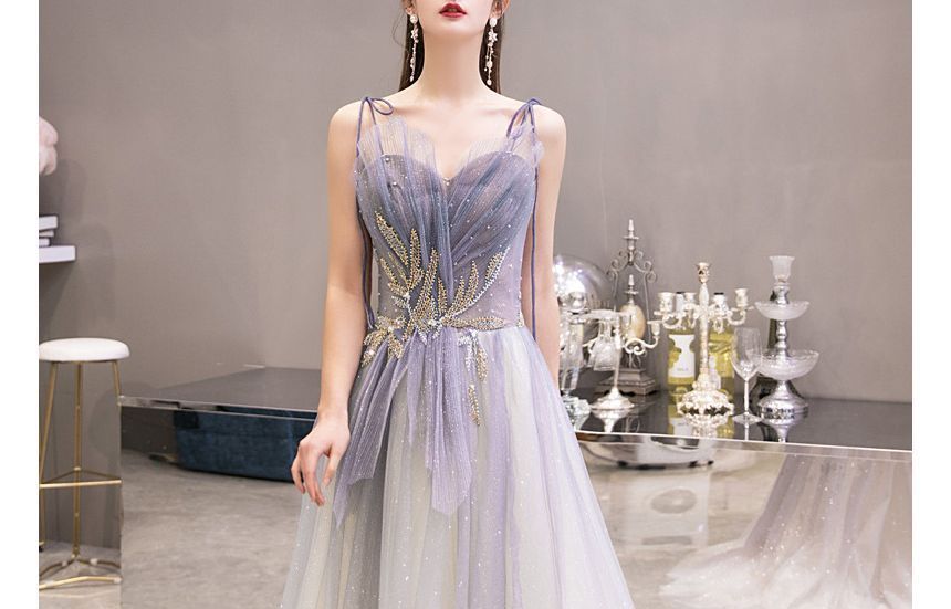 Gown Sweetheart Rhinestone Neckline A-Line Gradient Spaghetti Evening Strap Mesh