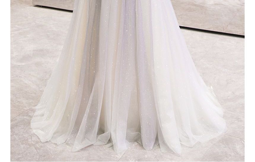 Gown Sweetheart Rhinestone Neckline A-Line Gradient Spaghetti Evening Strap Mesh