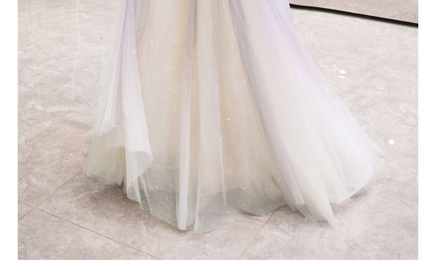 Gown Sweetheart Rhinestone Neckline A-Line Gradient Spaghetti Evening Strap Mesh