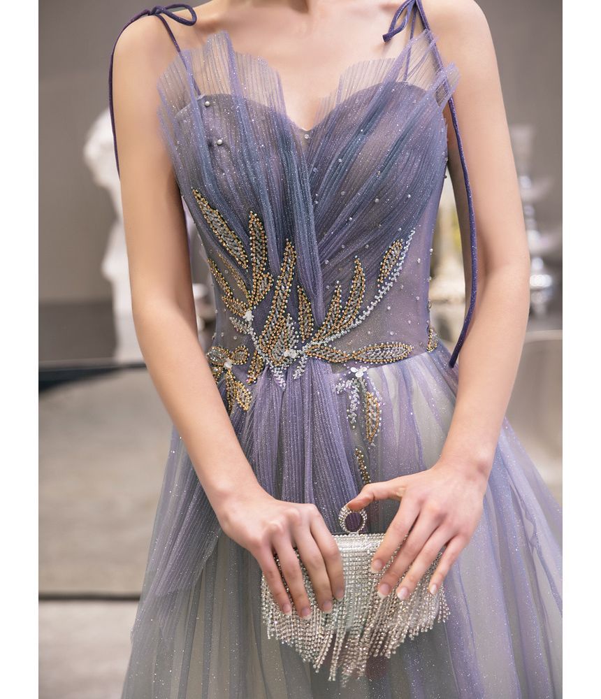 Gown Sweetheart Rhinestone Neckline A-Line Gradient Spaghetti Evening Strap Mesh