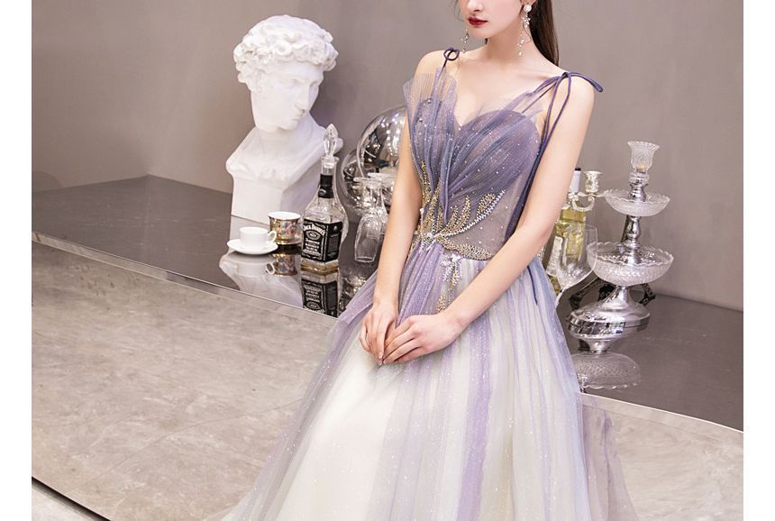 Gown Sweetheart Rhinestone Neckline A-Line Gradient Spaghetti Evening Strap Mesh
