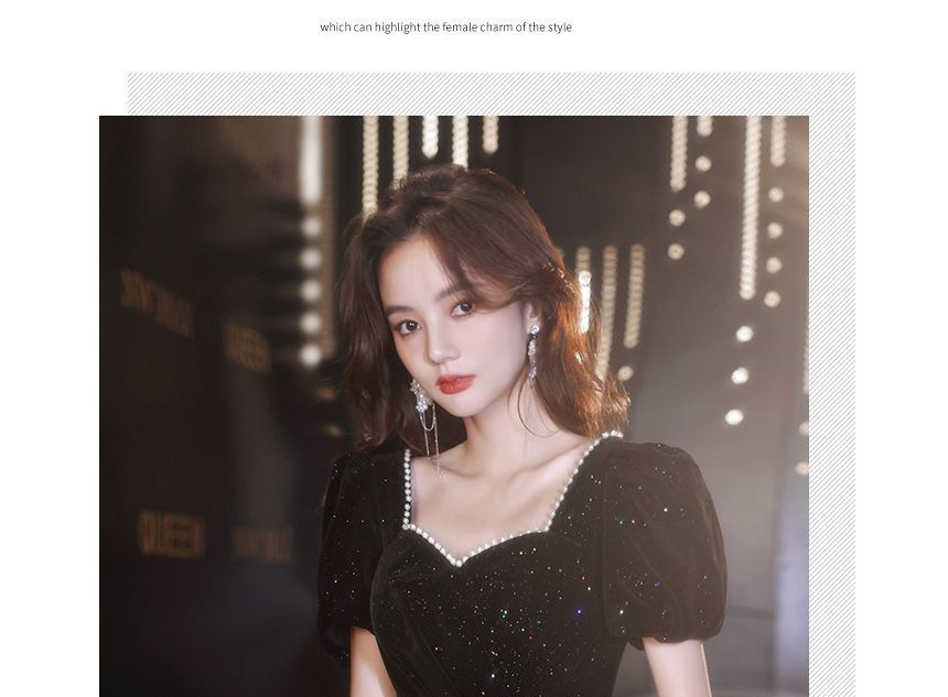 Sweetheart Beaded Puff-Sleeve (Various Trim Prom Glitter Neckline Dress Designs)