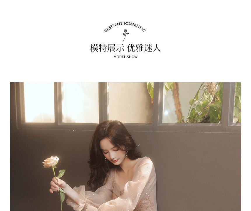 Embellished Neck Dress Mesh (Various Glitter Cocktail Square Designs) Long-Sleeve