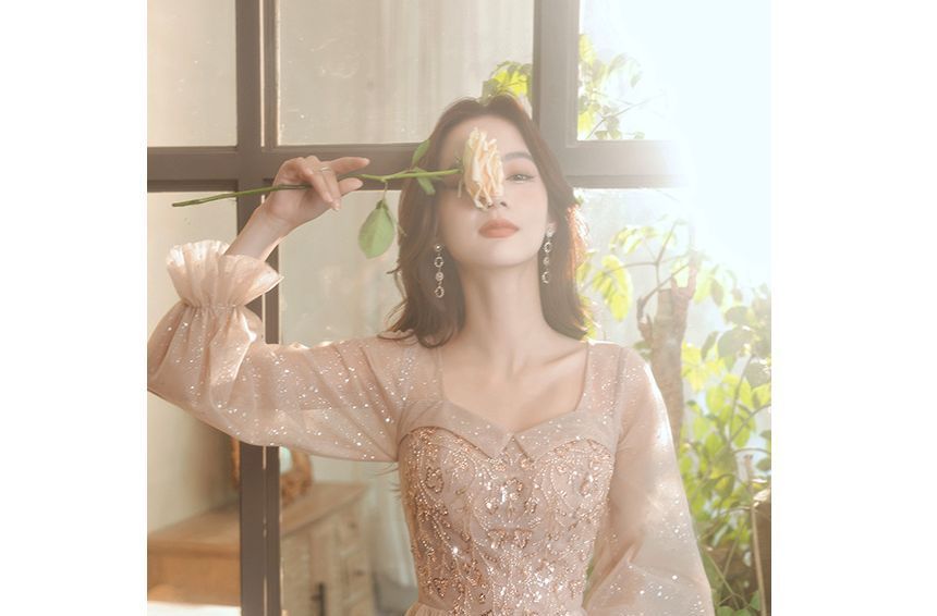 Embellished Neck Dress Mesh (Various Glitter Cocktail Square Designs) Long-Sleeve