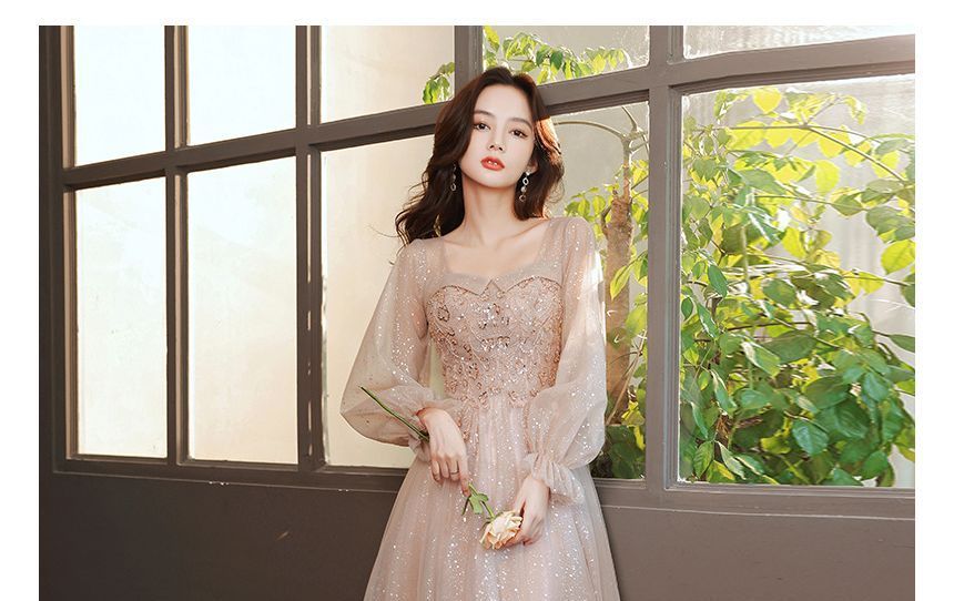 Embellished Neck Dress Mesh (Various Glitter Cocktail Square Designs) Long-Sleeve