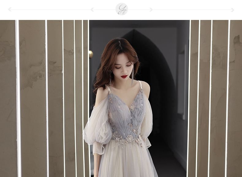 Cold A-Line Shoulder Rhinestone Evening 3/4-Sleeve Floral Gown