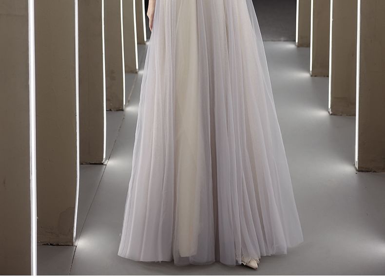 Cold A-Line Shoulder Rhinestone Evening 3/4-Sleeve Floral Gown