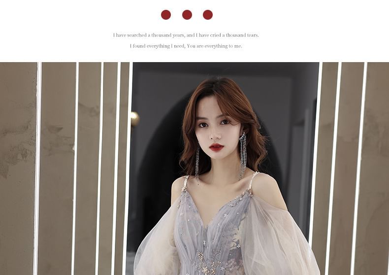 Cold A-Line Shoulder Rhinestone Evening 3/4-Sleeve Floral Gown