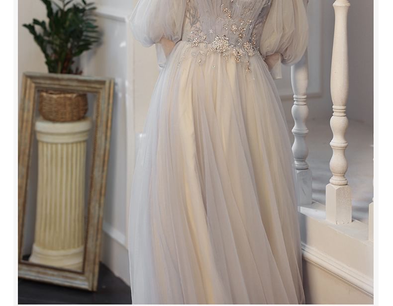 Cold A-Line Shoulder Rhinestone Evening 3/4-Sleeve Floral Gown