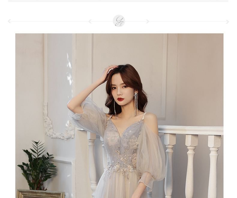 Cold A-Line Shoulder Rhinestone Evening 3/4-Sleeve Floral Gown