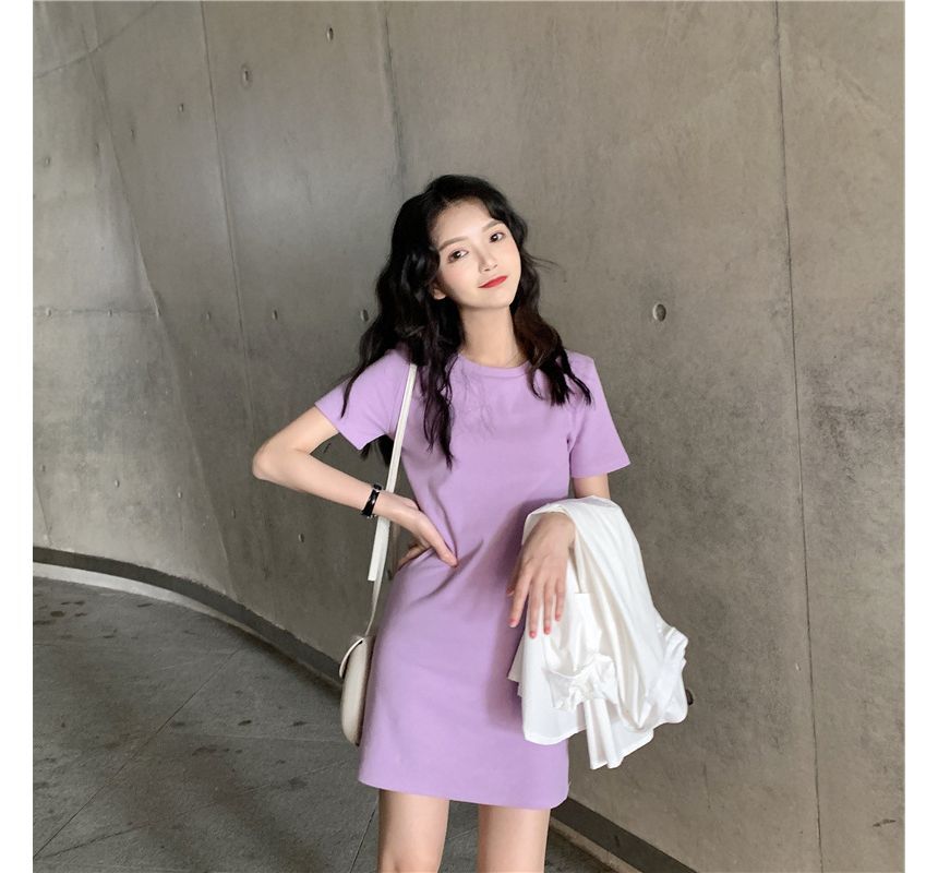 Round Dress Plain T-Shirt Short-Sleeve Mini Neck