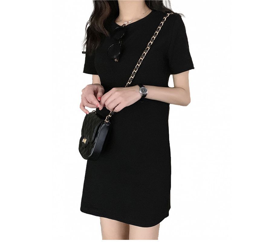 Round Dress Plain T-Shirt Short-Sleeve Mini Neck