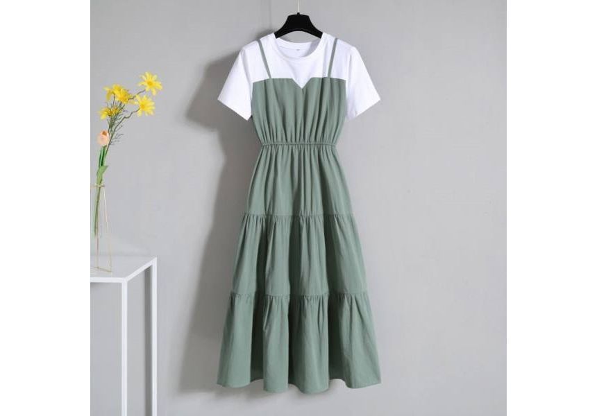 Neck Round Short-Sleeve Two-Piece Midi Mock A-Line Dress