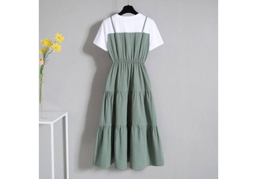 Neck Round Short-Sleeve Two-Piece Midi Mock A-Line Dress