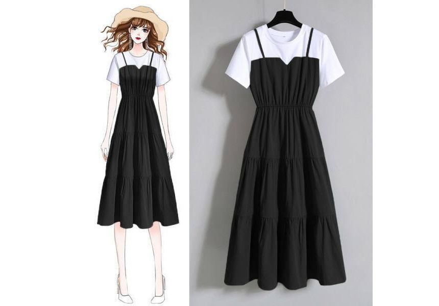 Neck Round Short-Sleeve Two-Piece Midi Mock A-Line Dress