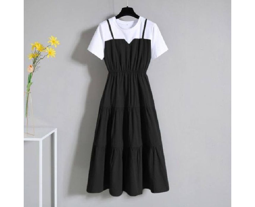 Neck Round Short-Sleeve Two-Piece Midi Mock A-Line Dress