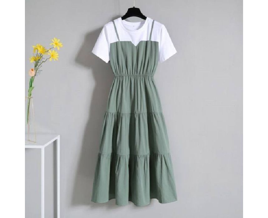 Neck Round Short-Sleeve Two-Piece Midi Mock A-Line Dress