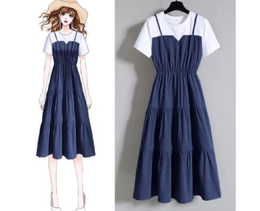 Neck Round Short-Sleeve Two-Piece Midi Mock A-Line Dress