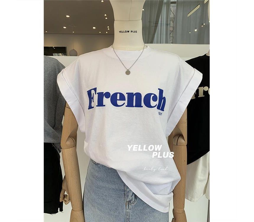 Cap-Sleeve Round T-Shirt Lettering Long Neck