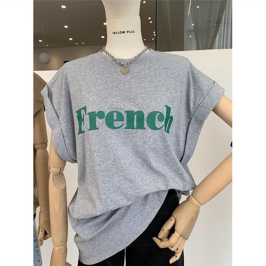 Cap-Sleeve Round T-Shirt Lettering Long Neck