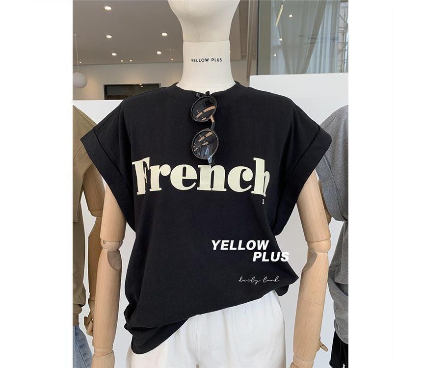 Cap-Sleeve Round T-Shirt Lettering Long Neck