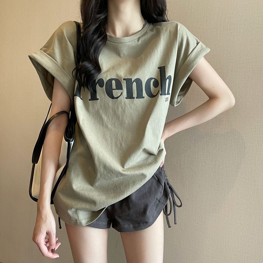 Cap-Sleeve Round T-Shirt Lettering Long Neck