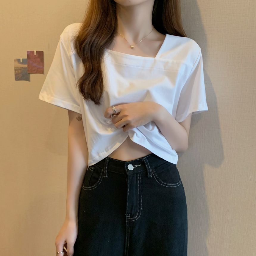 Square Plain Neck Cropped Short-Sleeve Blouse