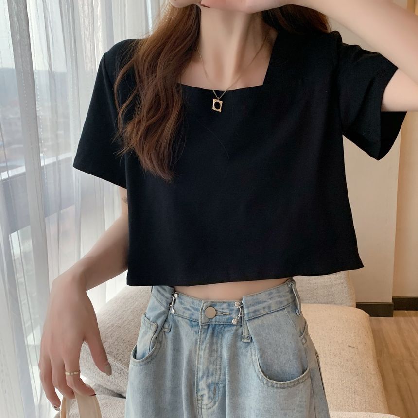 Square Plain Neck Cropped Short-Sleeve Blouse