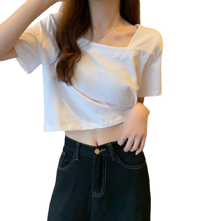 Square Plain Neck Cropped Short-Sleeve Blouse