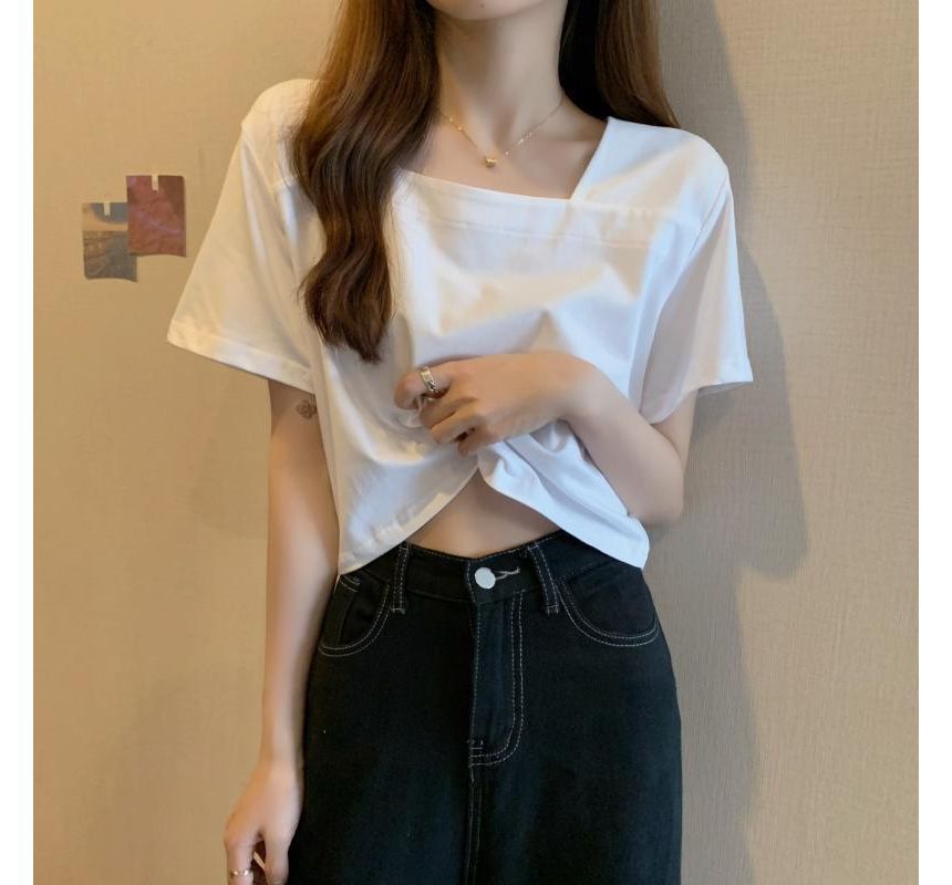 Square Plain Neck Cropped Short-Sleeve Blouse
