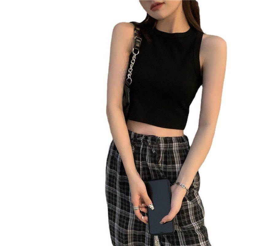 Tank Neck Top Plain Crop Round