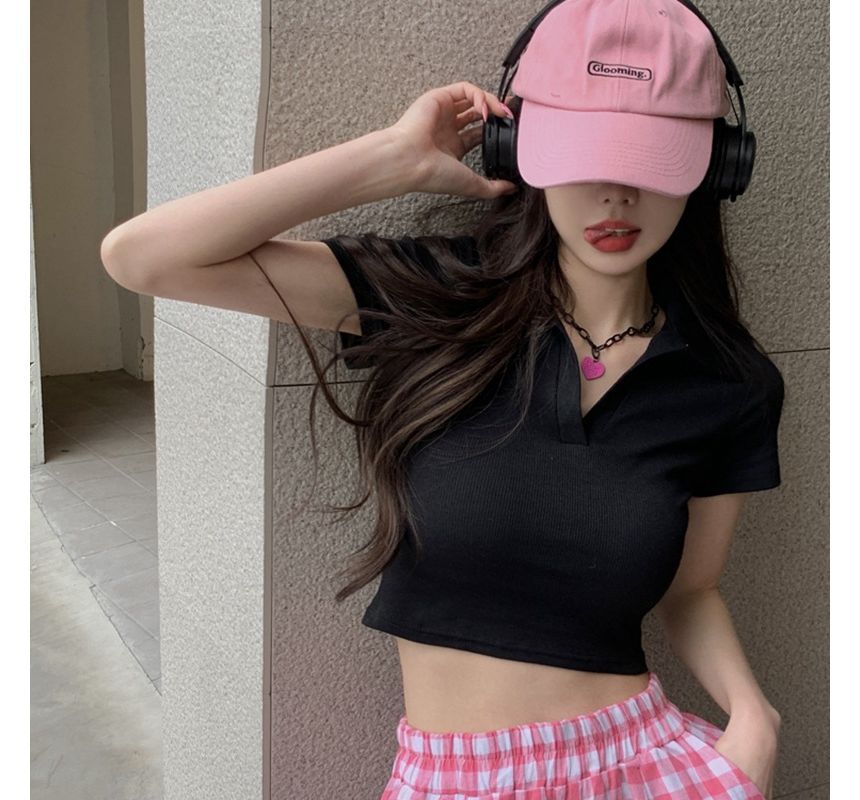 Plain Crop Short-Sleeve Polo Top