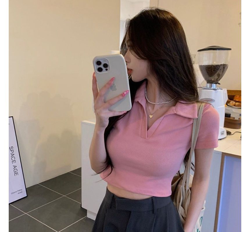 Plain Crop Short-Sleeve Polo Top