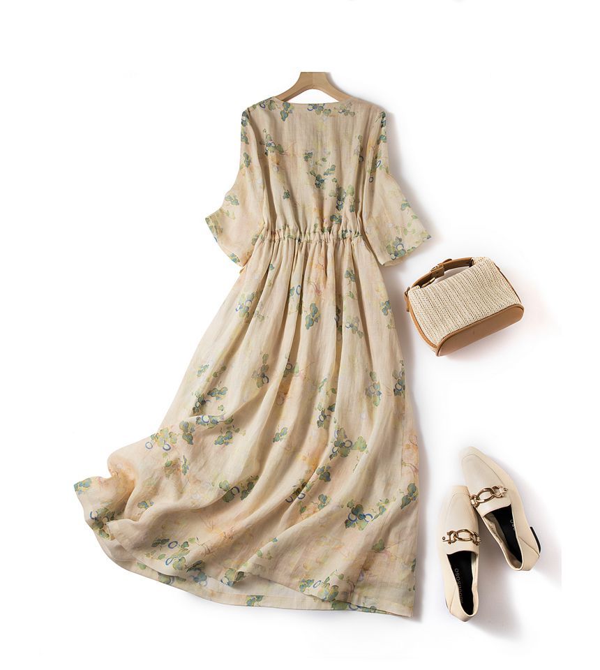 Elbow-Sleeve V-Neck Floral Button Front Midi Smock Dress