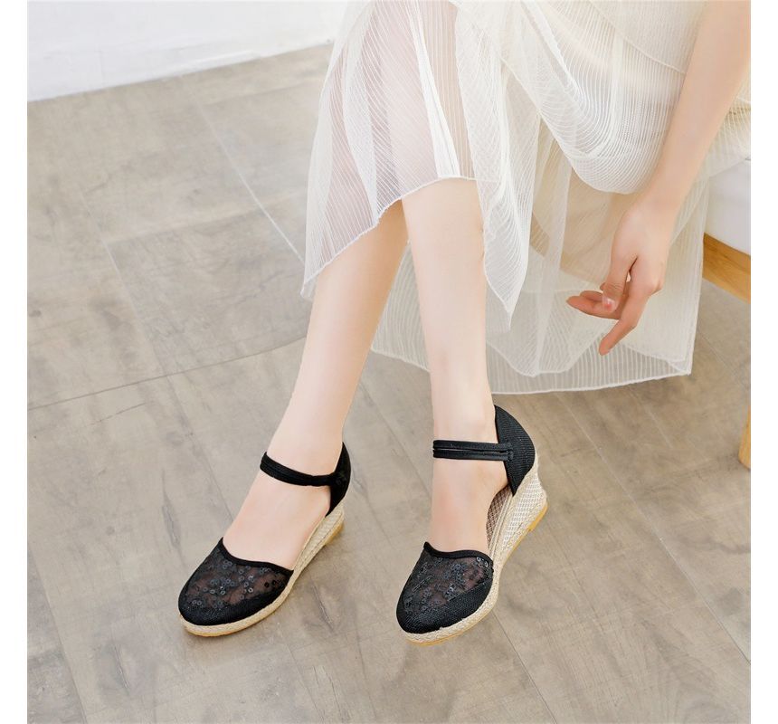 Flower Sandals Wedge Embroidered