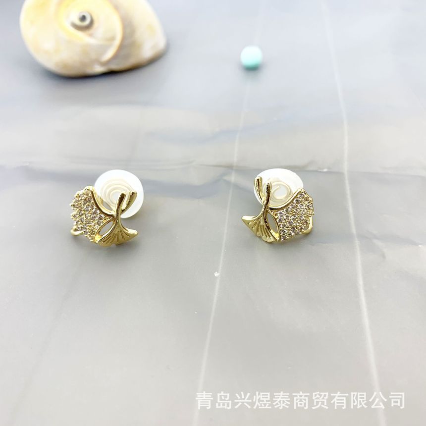 Alloy Rhinestone Earring Leaf