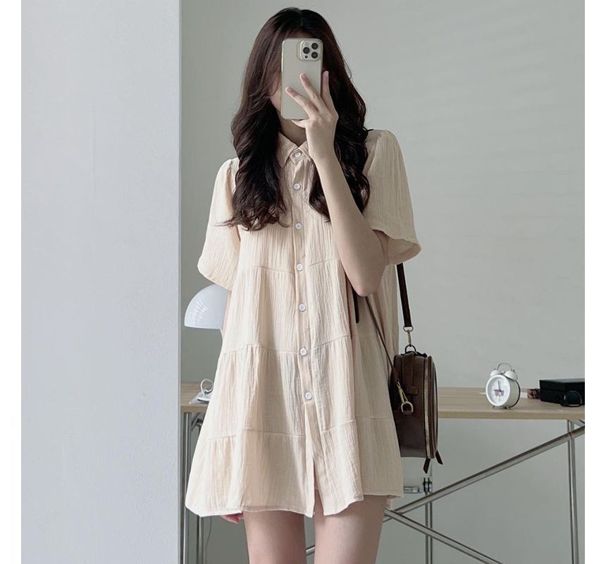 Short-Sleeve Plain Mini A-Line Shirt Dress