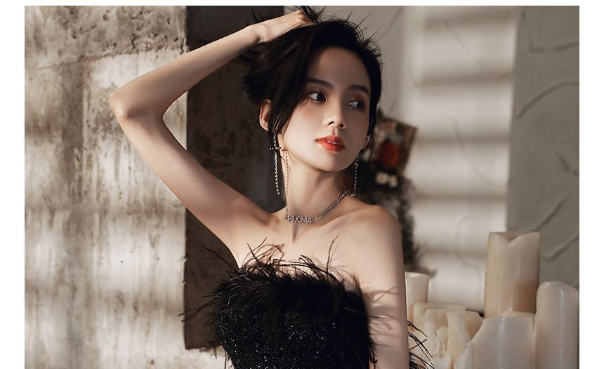 Evening Trim Sequined A-Line Fluffy Gown Strapless