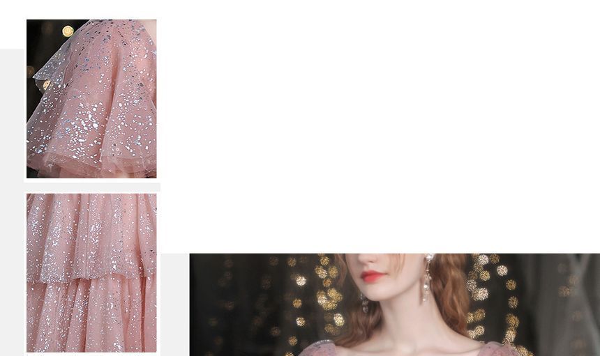 A-Line Sweetheart-Neckline Layered Gown Evening Sequined Short-Sleeve