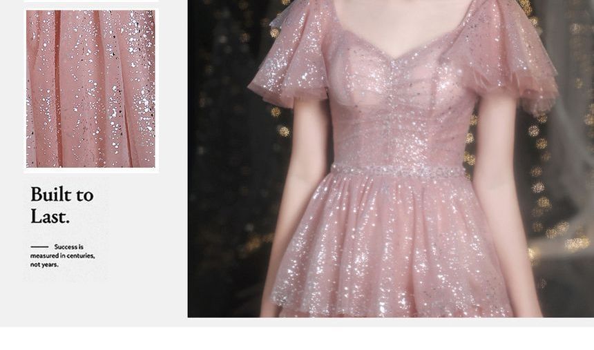 A-Line Sweetheart-Neckline Layered Gown Evening Sequined Short-Sleeve