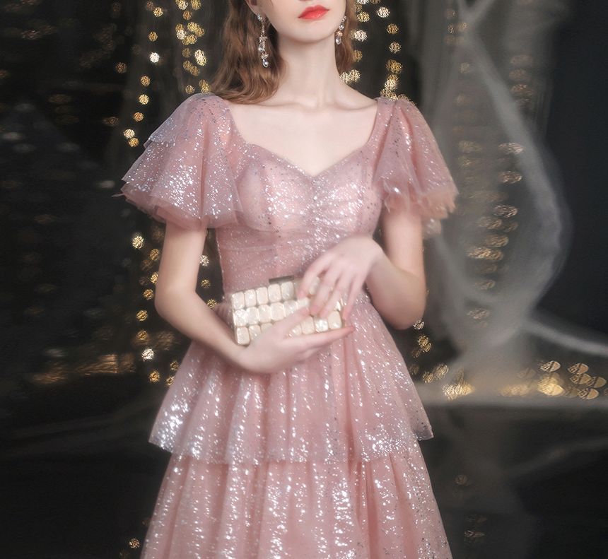 A-Line Sweetheart-Neckline Layered Gown Evening Sequined Short-Sleeve