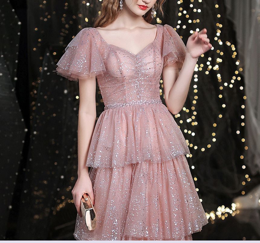 A-Line Sweetheart-Neckline Layered Gown Evening Sequined Short-Sleeve