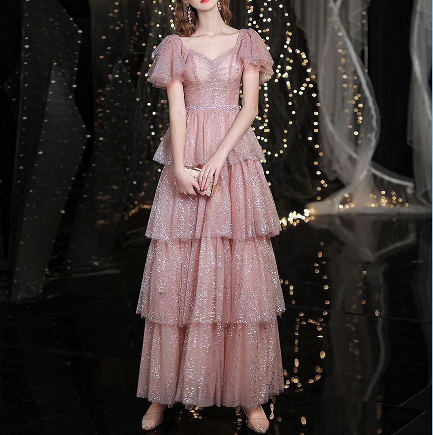 A-Line Sweetheart-Neckline Layered Gown Evening Sequined Short-Sleeve