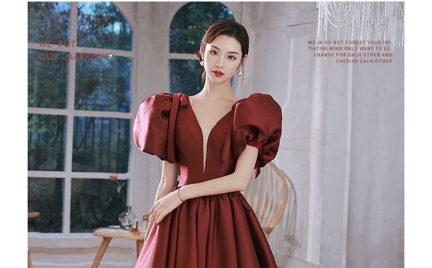 Plain Evening Panel Mesh Gown Puff-Sleeve A-Line